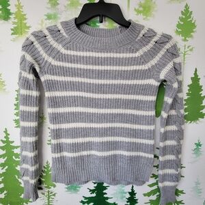 Gray and White Striped Long Braided Sleeve Sweater.